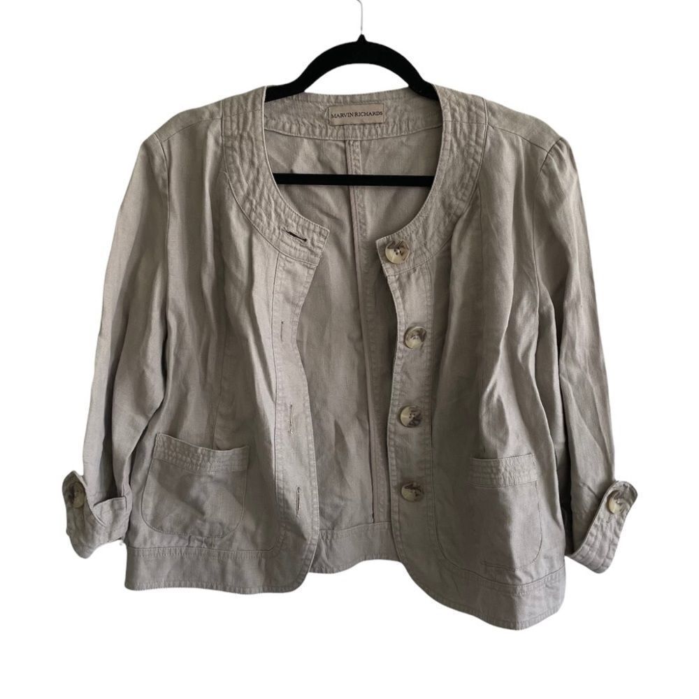 MARVIN RICHARDS Linen Button Front Cropped Jacket Blazer Tan M - Picture 3 of 7